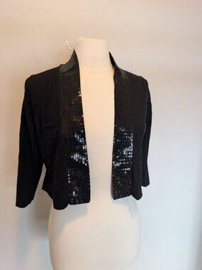 Calvin Klein Womens Black Sequined Open-Front Cardigan Jacket Size L Silk Blend